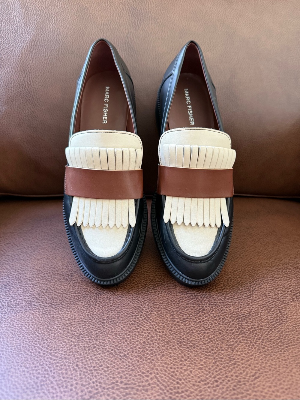 Marc Fisher Women's Black, Cream & Brown Kiltie Fringe Loafers - Picture 8 of 8